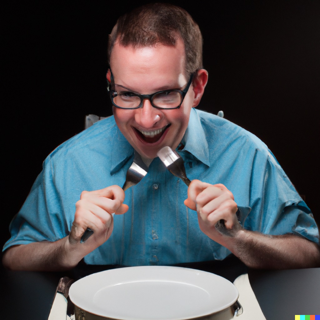 DALL·E 2023-08-13 13.56.35 – A realisticly looking picture of highly enthusfiastic nerd forking a softwere when eating a dinner using two forks. small