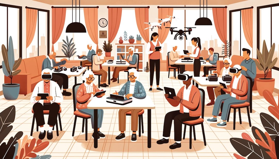 DALL·E 2023-10-18 13.33.39 - Illustration of a community center where seniors of various races and genders are attending a technology workshop. They are seated at tables