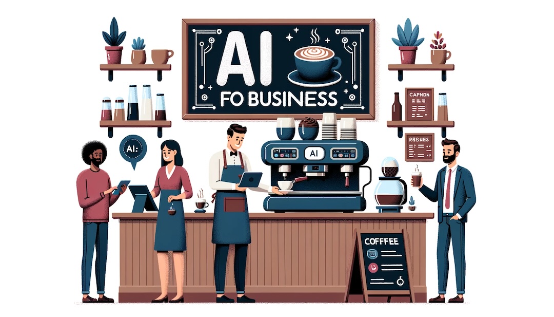 DALL·E 2023-10-18 13.36.21 - Vector design of a small business cafe setting. A barista, a man of Hispanic descent, is using an AI-powered coffee machine, ensuring the perfect brew