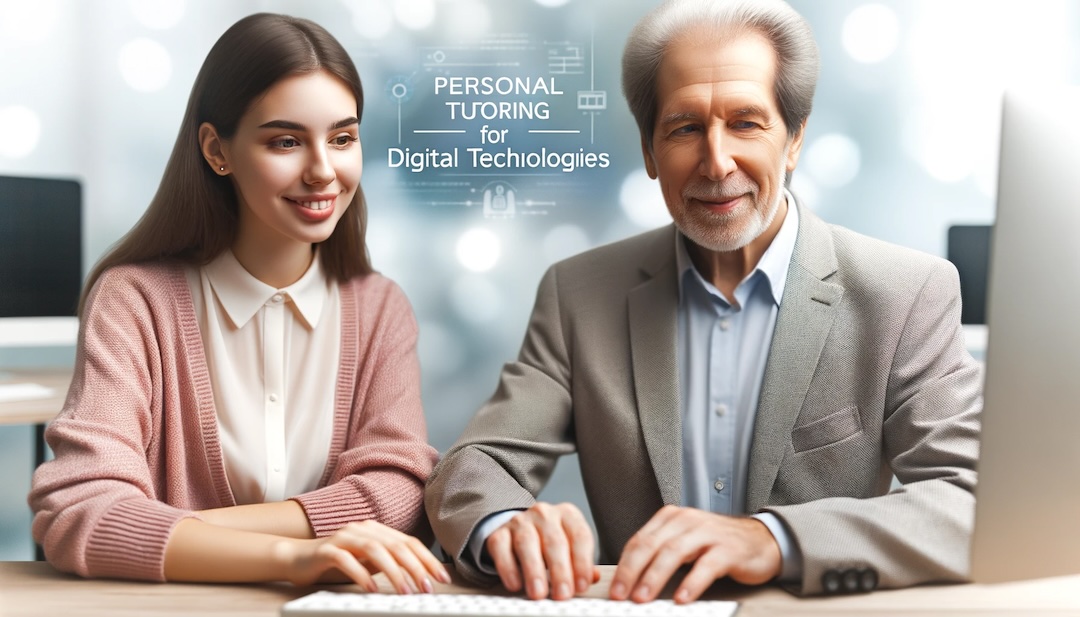 DALL·E 2023-10-18 13.43.39 - Photo of a personal tutor, a young woman of Middle Eastern descent, sitting next to an older age student, a Caucasian man, at a modern desk.