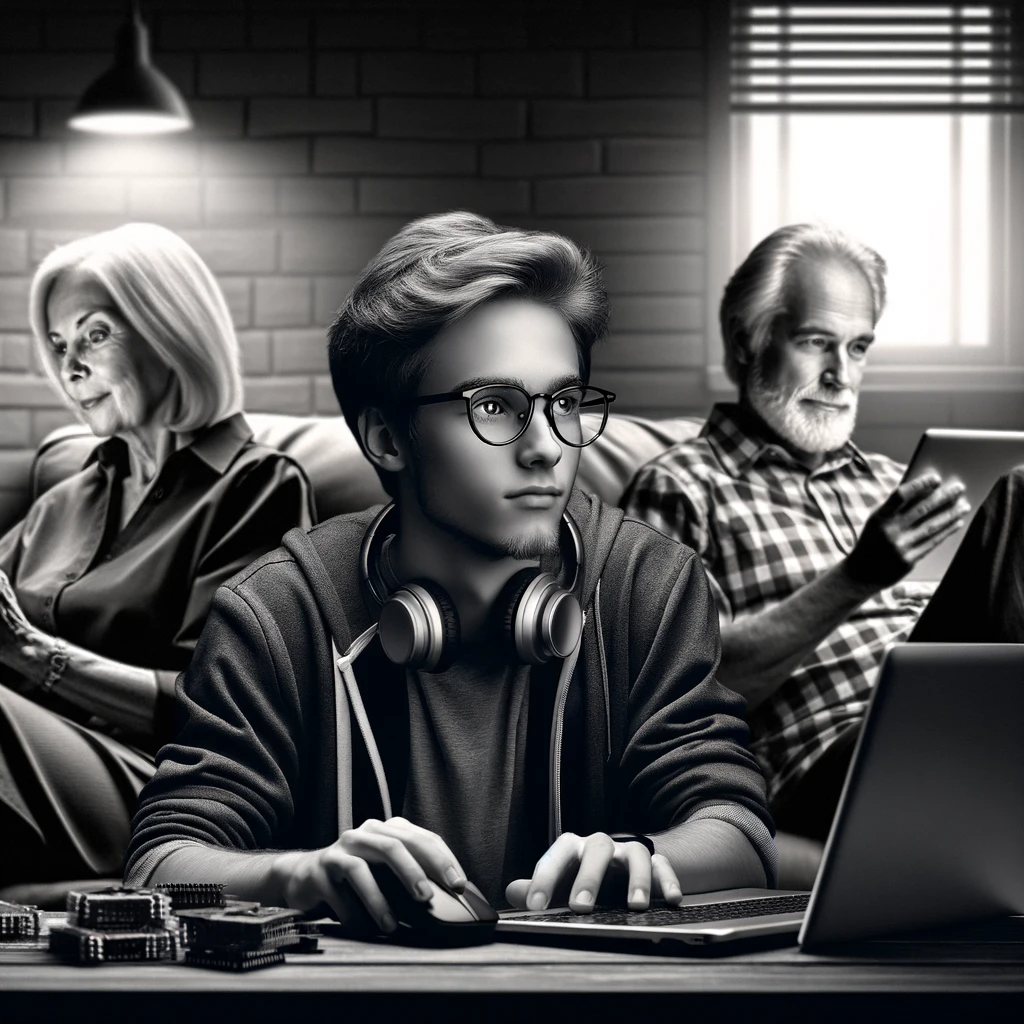 DALL·E 2023-12-03 10.54.29 – A refined black and white photo highlighting the contrast between generations and professions. It features a young individual with a ‘nerd’ or ‘hacker small